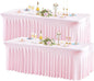 Wish Care 2 Pack Pink Spandex Table Clothes for 8 Foot Rectangle Tables, 8FT Wrinkle Free Fitted Tablecloths Ruffles Design Table Cover for Party, Banquet, Wedding and Events
