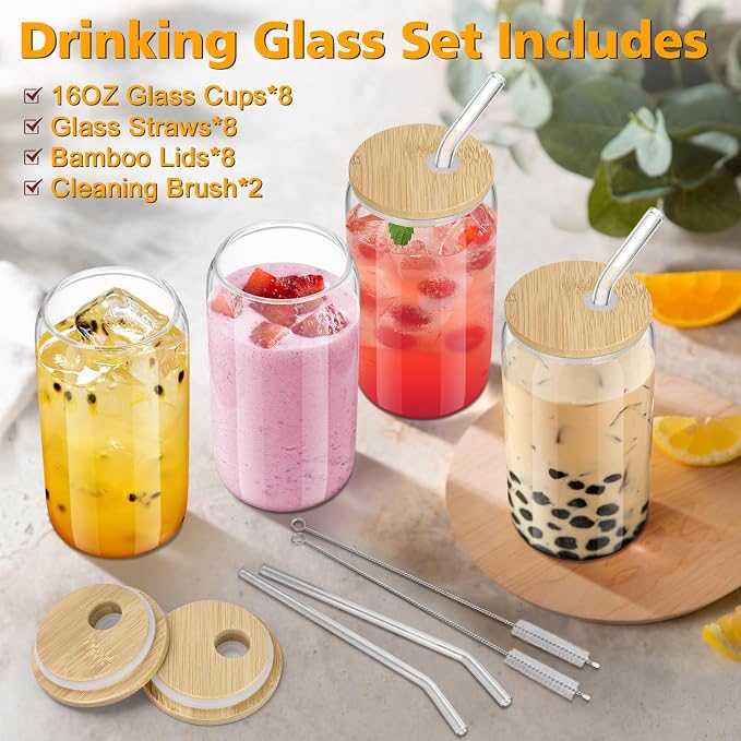 sungwoo 8PCS Glass Cups with Bamboo Lids and Straws, 16OZ Ice Coffee Cup - Image 2