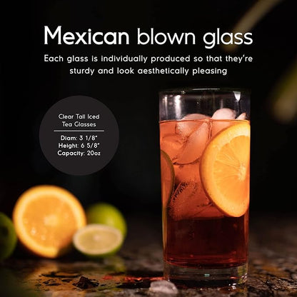 Clear 20 oz Tall Iced Tea Glasses (set of 6), Hand Blown Mexican Glassware, Recycled Glass Drinking Glasses, Lead-Free, Cocktail Margarita Glasses, Wine Glasses, Shot Glasses, Whiskey Glasses (IceTea)