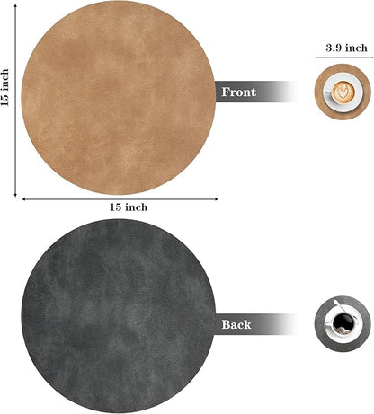 Round Placemats and Coasters Set of 4, Washable Reversible Faux Leather Placemats Cowhide Pattern Place Mats Wipeable Non-Slip 15 inch Round Kitchen Dining Table Mats (Gray Tan, 4)