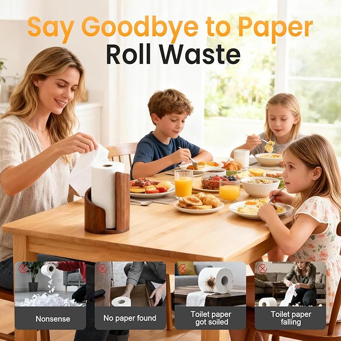 Mountain Paper Towel Holder Countertop, 2026 Upgrade 100% Natural Mango Wood Round Base and Iron Holder, Wooden Paper Towel Holder for Kitchen Roll Organize Dining Table Home Decor (Brown)