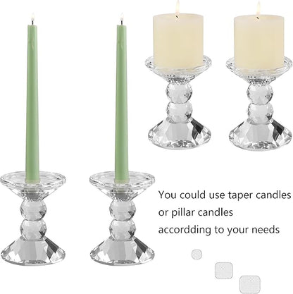 2-Pack Crystal Candle Holders, Clear Crystal Taper or Pillar Candlesticks, Table Centerpiece Home Decor for Wedding, Dining, Party(4.9in Tall)