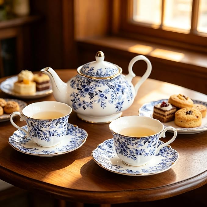 Vintage Porcelain Floral Tea Set — 22oz Teapot + 2 Tea Cup & Saucer Sets + 2 - Image 3