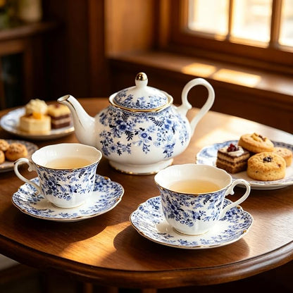 Vintage Porcelain Floral Tea Set — 22oz Teapot + 2 Tea Cup & Saucer Sets + 2 - Image 3