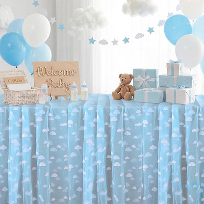 4 Pcs Blue Sky White Cloud Table Runner 29 X70 Inch Cartoon Tulle Table Runner - Image 5