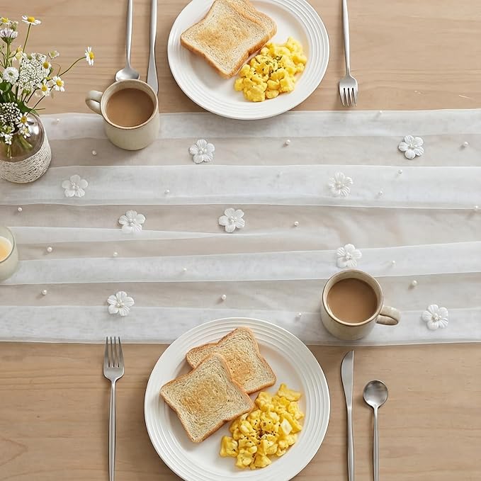 Artoid Mode Flower Pearl White Gauze Table Runner 10FT, Seasonal Sheer Dining - Image 4