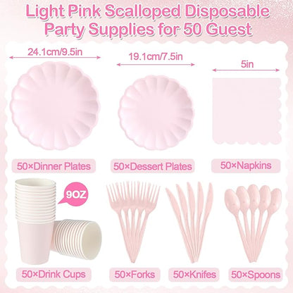 Light Pink Scalloped Paper Plates Shell Edge Disposable Tableware Cocktail Napkins Cups Plastic Spoons Forks Knives for Wedding Baby Shower Picnic Birthday Party Supply for 50 Guests