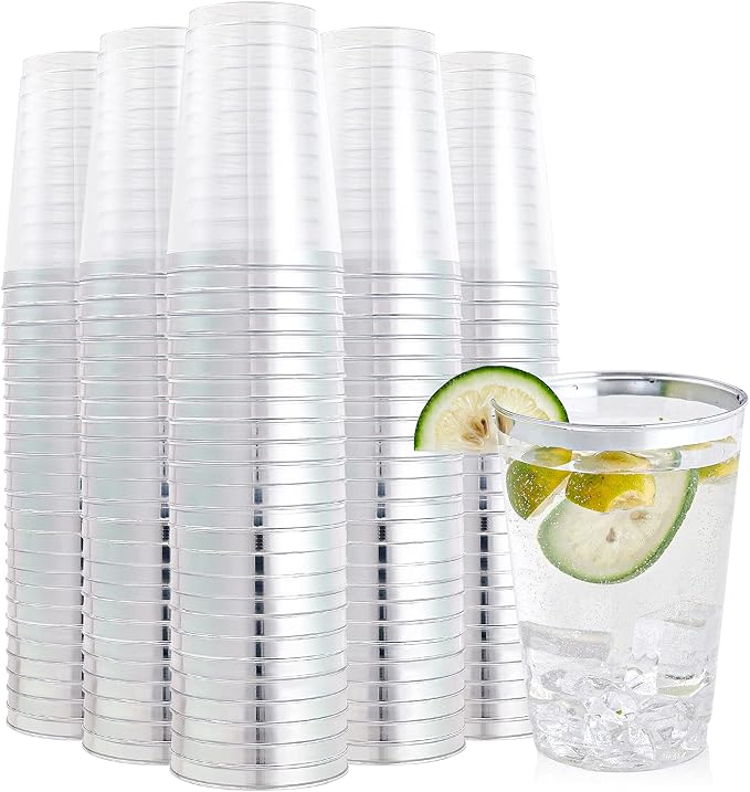 FOCUSLINE 200 Pack 12 oz Silver Rimmed Plastic Cups, Heavy-duty & Fancy by FOCUSLINE