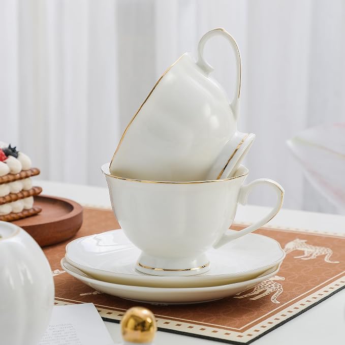 White Ceramic Tea Cup and Saucer Set of 8 - 6oz Elegant Porcelain Cups - Image 4