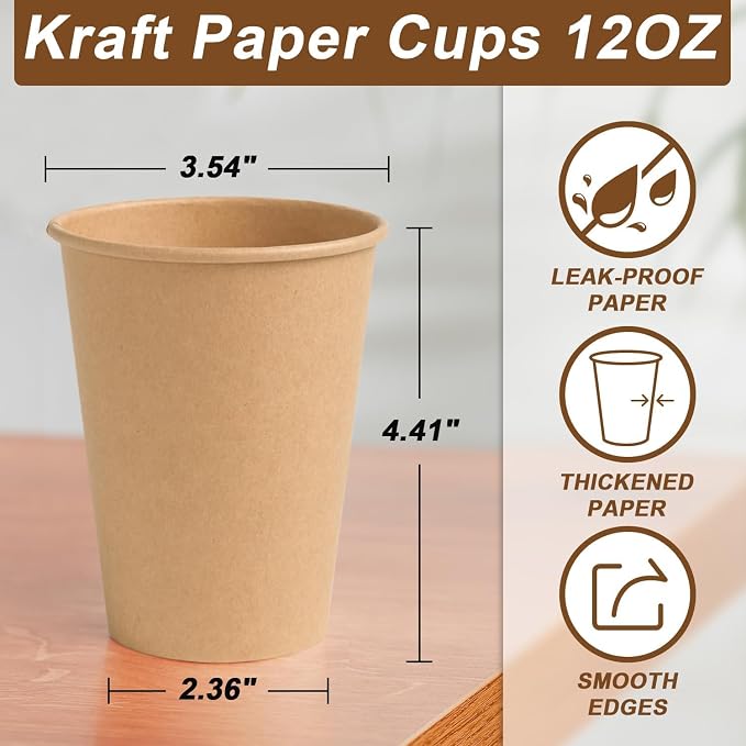 BYSNOW 100 Pack 12 oz Kraft Paper Cups, Disposable Coffee Hot Water Cups | - Image 3