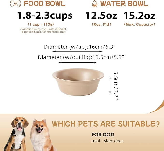 Ceramic 6.3inch Set of 2 Dog Bowls, 2pcs Basic 1.5 Cup Food or 15 oz Water Dishes for Small Dogs, Wide Opening Rounded Edge (2 Bowls, Oat Beige)
