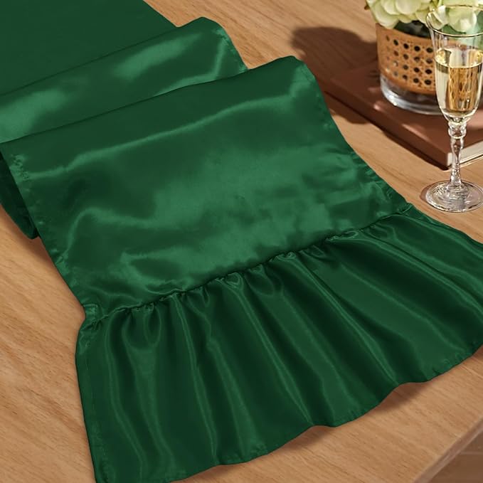 2 Pack Dark Green Satin Table Runner 12 x 72 Inch | Ruffle Design, Luxurious by Unknown