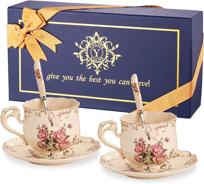 YOLIFE Tea Cups and Saucers Set of 2, 8 OZ Pink Rose | Ivory Vintage Porcelain by YOLIFE