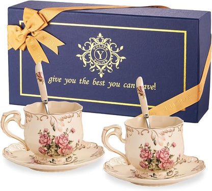 YOLIFE Tea Cups and Saucers Set of 2, 8 OZ Pink Rose | Ivory Vintage Porcelain by YOLIFE