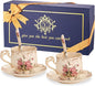YOLIFE Tea Cups and Saucers Set of 2, 8 OZ Pink Rose | Ivory Vintage Porcelain by YOLIFE