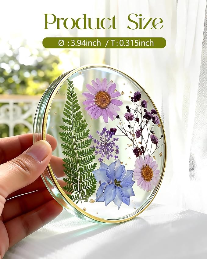 Oqplog Resin Drink Coaster for Desk Coffee Table-Purple Cute Dried Flowers Cup - Image 2