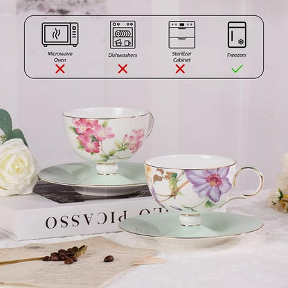 KAMMAK Tea Cups Set of 2, Ceramic Floral Pattern Demitasse Cup | Porcelain - Image 6