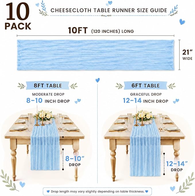 10 Pack Light Blue Table Runner 10FT Gauze Cheesecloth Table Runner | 21x120 - Image 3
