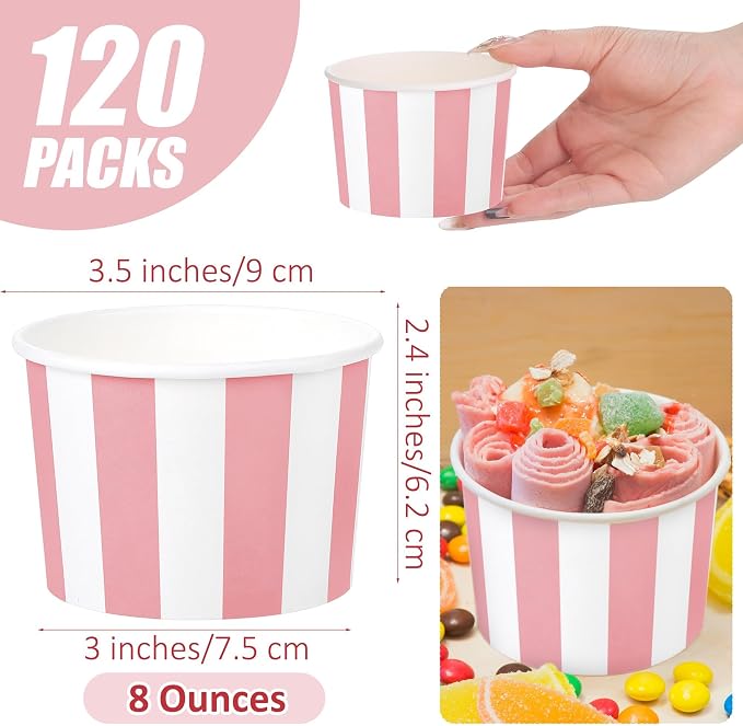 Aodaer 120 Pack 8 Ounces Paper Cups Disposable Stripe Dessert Bowls Ice Cream - Image 2