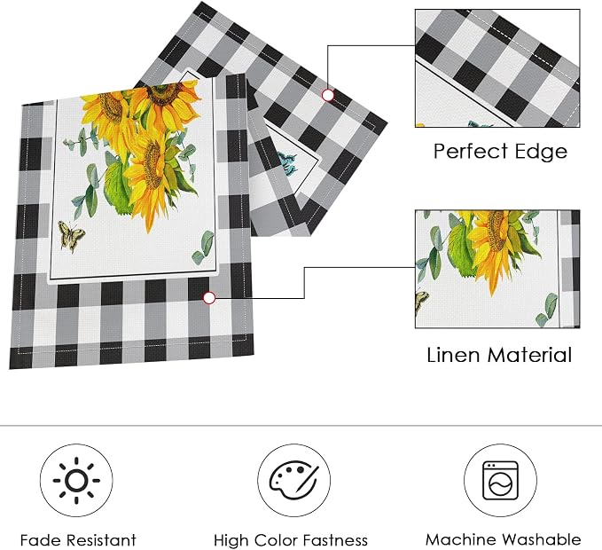 Table Runner and Placemats Set of 6, Sunflower Buffalo | Plaid Floral Flower - Image 2