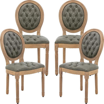 Vintage French Dining Chairs Set of 4, Round Back PU Leather Upholstered Side Chairs with Nailhead Trim and Solid Wood Frame, Sillas de Comedor for Dining Room & Kitchen, Olive Green