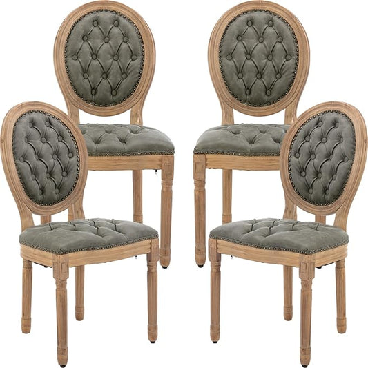 Vintage French Dining Chairs Set of 4, Round Back PU Leather Upholstered Side Chairs with Nailhead Trim and Solid Wood Frame, Sillas de Comedor for Dining Room & Kitchen, Olive Green