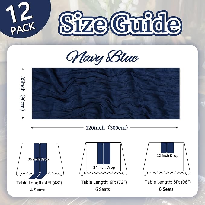 12 Pack Navy Blue Cheesecloth Table Runner 35 x 120 Inch | Boho Gauze Cheese - Image 2