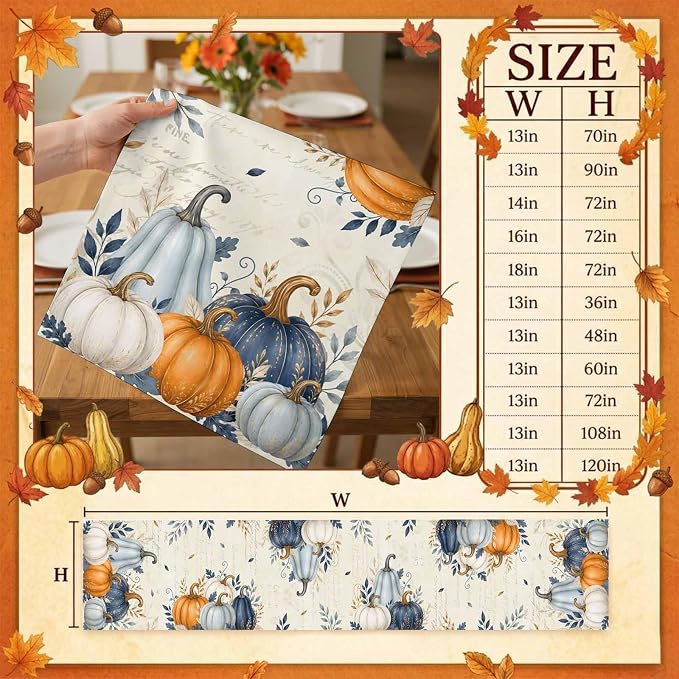 Blue Pumpkins Fall Table Runner 72 Inches Long, Thanksgiving Eucalyptus Leaves - Image 8