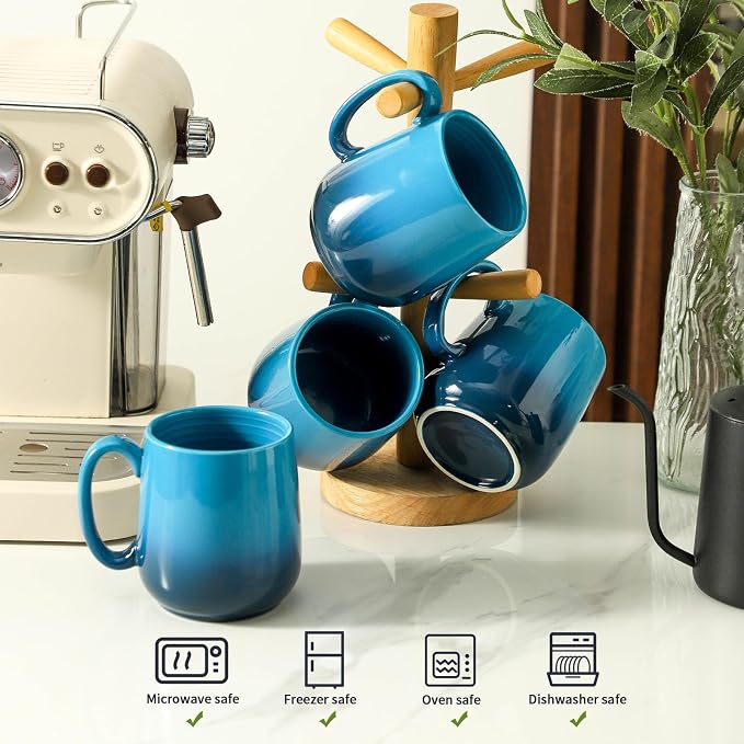 HASENSE 15oz Large Ceramic Mug Set, 4-Piece Blue Ombre Coffee Cups - Image 3