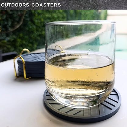 Silicone Coasters for Drinks Set of 6 & Gold Holder with Smart and Modern Groove Patterns - protecs Your Coffee Table from Condensation Mugs, Cups, Home Office bar Decor - Blue Gray