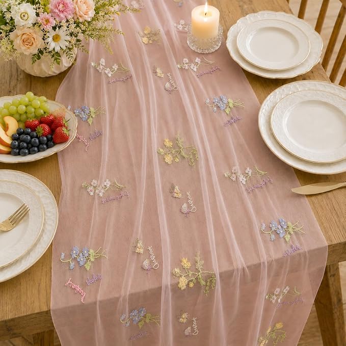Wildflower Tulle Table Runner Butterfly Floral Wedding Party Home Decor | Pink - Image 2