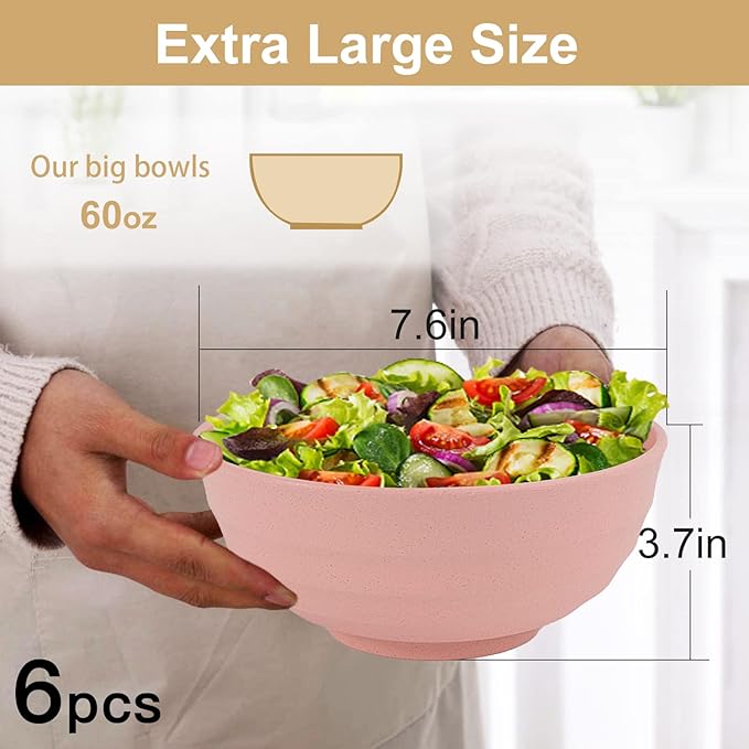 Wheat Straw Bowls Set 60 OZ Unbreakable Large Cereal Bowls Set of 6 Microwave - Image 2