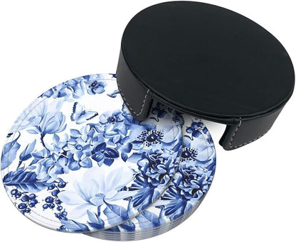 6 Pcs Blue and White Floral Leather Coasters - Image 5
