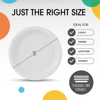 White Plastic Plates For Party 10" White Disposable Plates Heavy Duty 100 Pcs Plastic Dinnerware Sets Heavy Duty 350 GSM Disposable Dinnerware Set