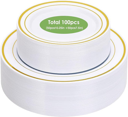 Moretoes 100PCS Gold Plastic Plates Disposable,Party Plates White Gold Rim, 10.25inch Dinner Plate and 7.5inch Dessert Salad Plate for Wedding Party and Birthday