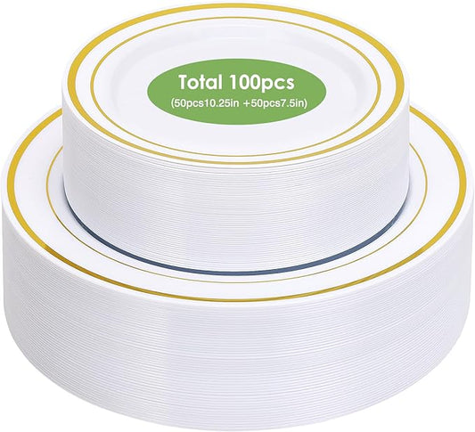 Moretoes 100PCS Gold Plastic Plates Disposable,Party Plates White Gold Rim, 10.25inch Dinner Plate and 7.5inch Dessert Salad Plate for Wedding Party and Birthday