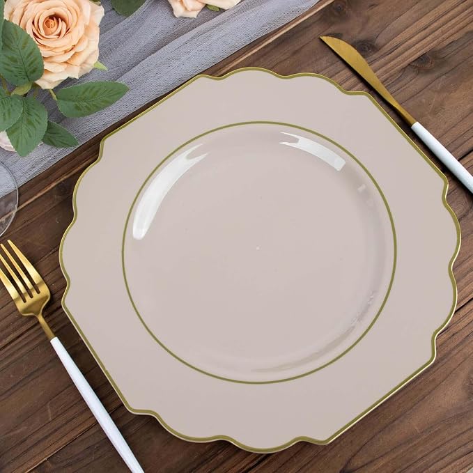 Taupe Hard Plastic Dinner Plates, 50 Pack 11" Disposable Round Baroque Plates - Image 9