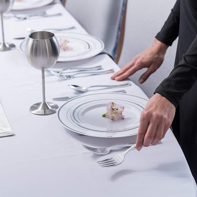125-Piece White and Silver Fancy Plastic Plates Disposable - Image 3