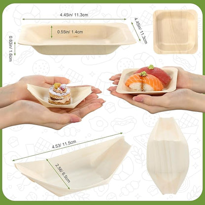 LemonRoad 600 Pcs Disposable Bamboo Appetizer Plates 4" Included 300 Mini Wood Boat Plates Dishes and 300 Small Square Palm Leaf Bowls Sushi Dish Serving Tray Food Container for Catering Home Wedding
