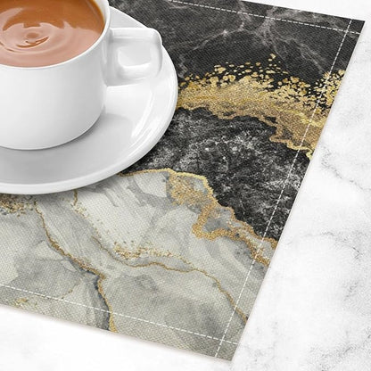 Marble Linen Place Mats Set of 4, 12x17 Inch Modern Luxury Texture Black Grey Gold Marble Washable Fabric Non-Slip Placemats for Home Dining Table Banquets Party Kitchen Decoration
