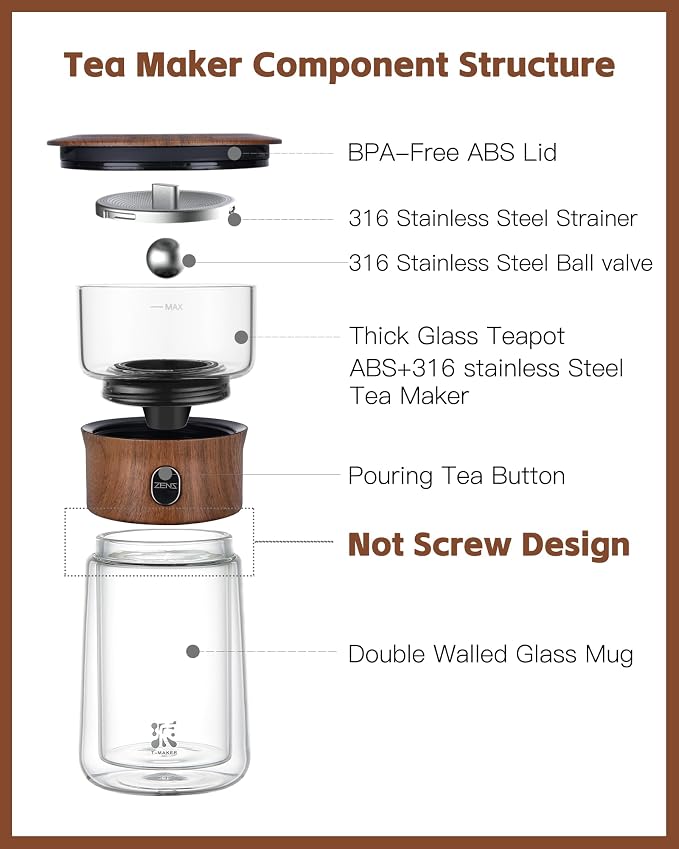 ZENS Glass Infuser Teapot, One Touch Tea Maker - Image 6