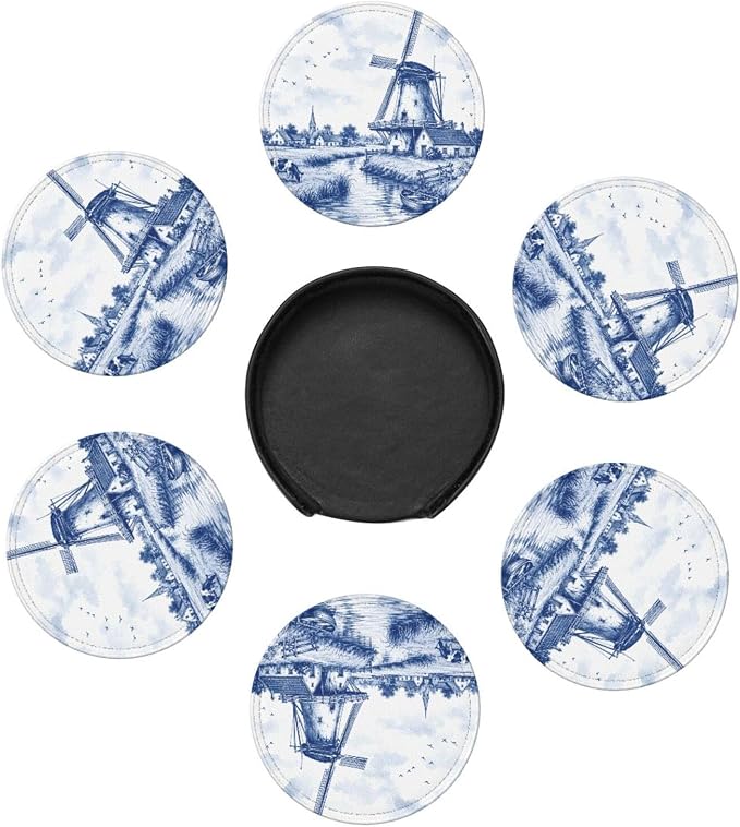 Delft Blue Dutch Windmill Countryside Leather Coasters | 6 Pack Pu Leather - Image 4