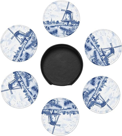 Delft Blue Dutch Windmill Countryside Leather Coasters | 6 Pack Pu Leather - Image 4