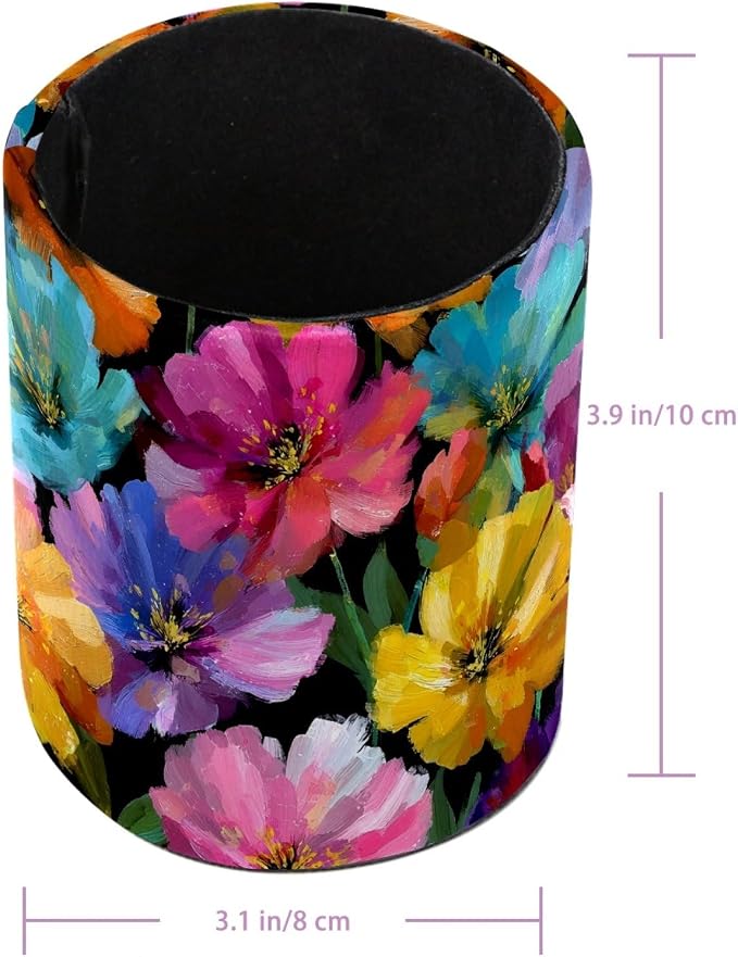 Leather Pen Holder for Desk, Oil Painting Flower Pencil Cup Pen Organizer - Image 3