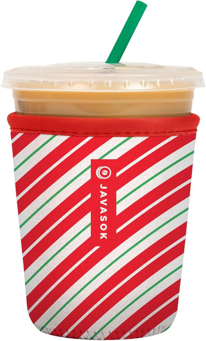 Sok It JavaSok Iced Coffee & Cold Soda Insulated Neoprene Cup Sleeve (Candy Cane Stripes, Small: 16-20oz)