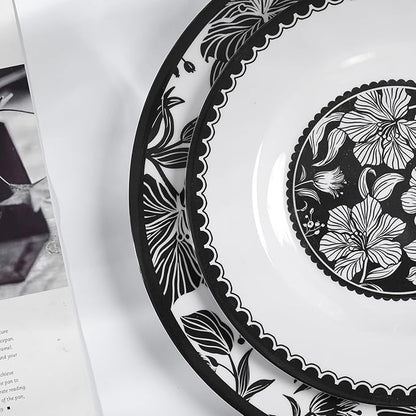 Melamine Dinnerware Sets 12pcs-Melamine Plates and Bowls Set Black Flower Lily Pattern Indoor Outdoor Use Unbreakable Dishwasher Safe