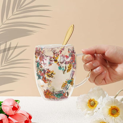 Gifts for Women Dried Flowers Double Wall Glass Coffee Mugs Cute Glass Tea Cups - Image 3