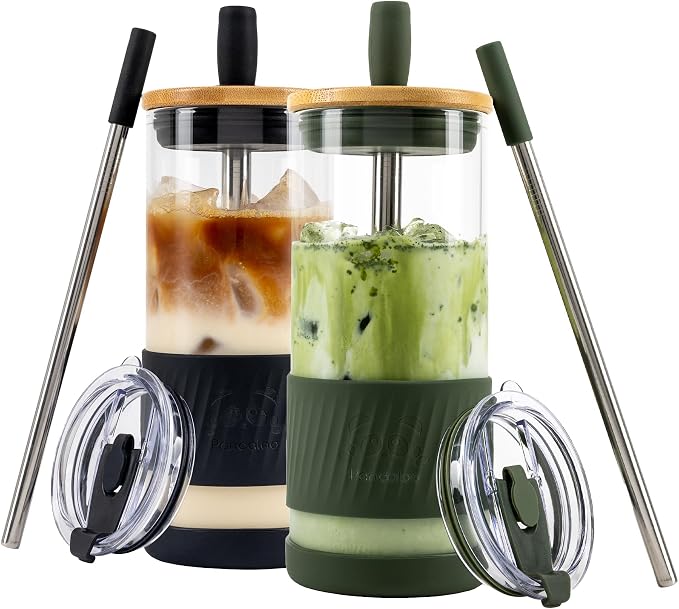 Pandaloo® Glass Cups With Lids and Straws -20 Fl Oz- Perfect Size Iced Coffee by Pandaloo