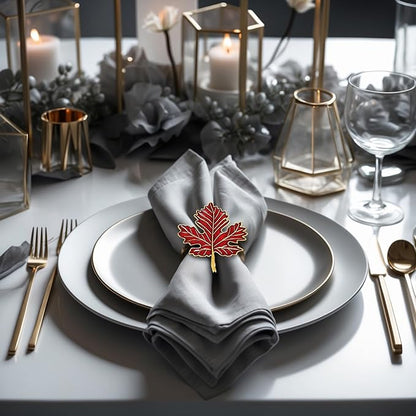 Decozen Set of 12 Red Gold Napkin Rings in Leaf Design, Festive, Table Decor Setting for Holiday, Wedding, Birthday, Kitchen, Home Decor, Housewarming Gift - Thanksgiving & Christmas Gift Decoration