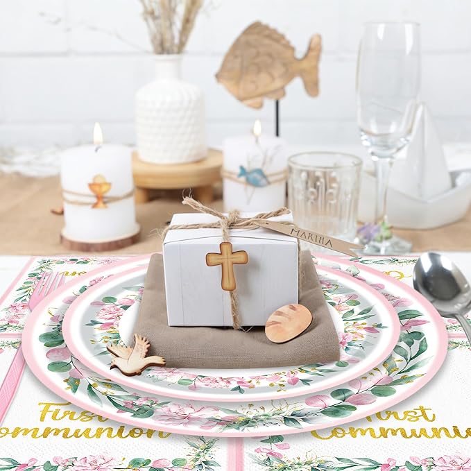 96 Pieces First Communion Floral Tableware Set – Pink Floral Cross Disposable - Image 7
